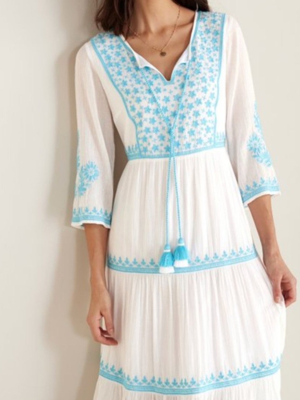Soft Surroundings Juniper white gauze dress with aqua embroidery Size Small - Picture 5 of 16